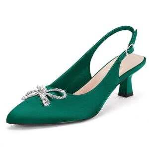 Coutgo Womens Kitten Heels Satin Pumps Slingback Pointed Toe Rhinestone Bow Wedding Dress Shoes